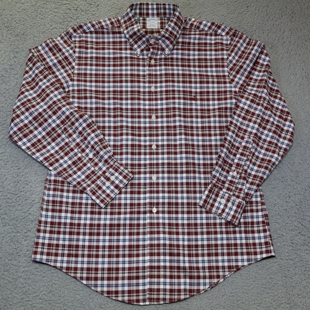 Brooks Brothers Non-Iron Supima Cotton Plaid Button Down Shirt Mens Large Maroon